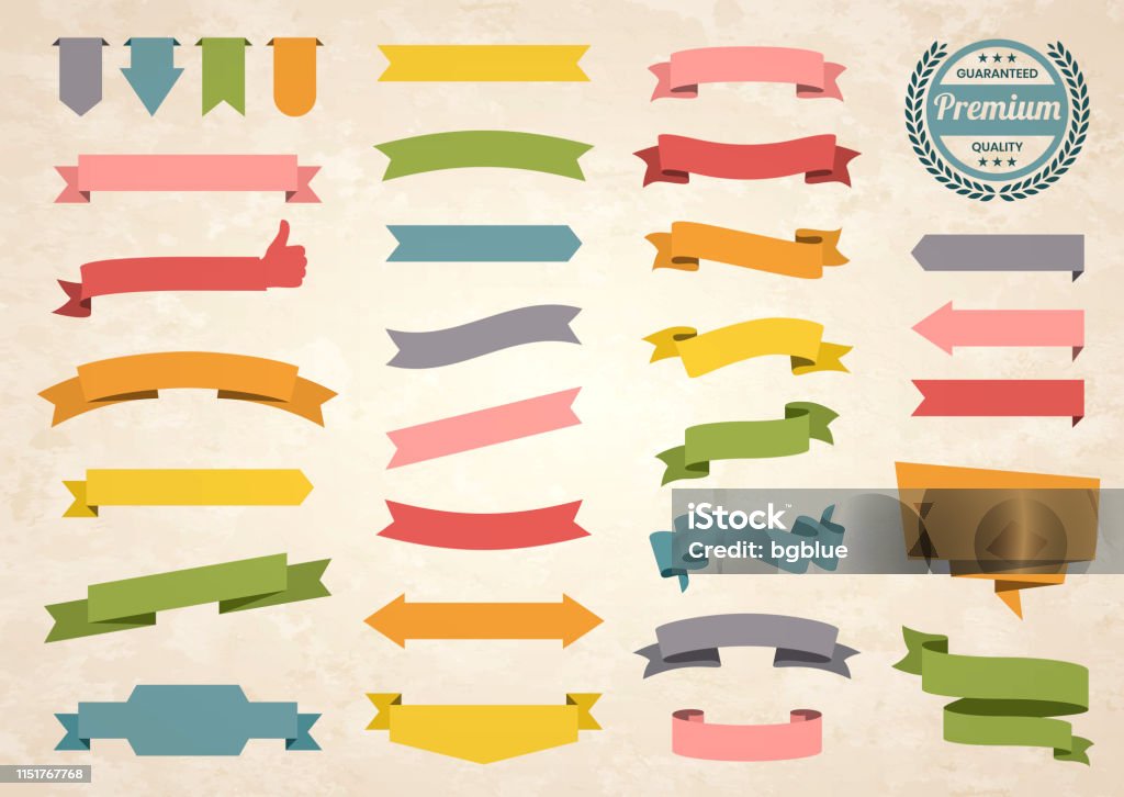 Set of Colorful Vintage Ribbons, Banners, badges, Labels - Design Elements on retro background Set of Vintage multicolored ribbons, banners, badges and labels (Red, orange, yellow, green, blue, gray, pink), isolated on a brown retro background with an effect of old textured paper. Elements for your design, with space for your text. Vector Illustration (EPS10, well layered and grouped). Easy to edit, manipulate, resize or colorize. Banner - Sign stock vector