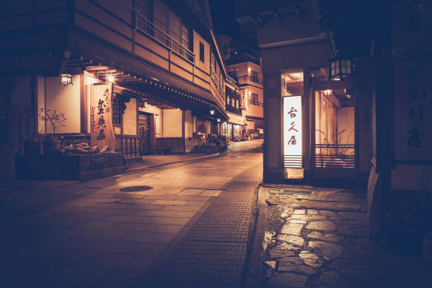 yamanouchi, japan - april 8, 2013: illuminated small mountain village yamanouchi at the nagano prefecture in japan.