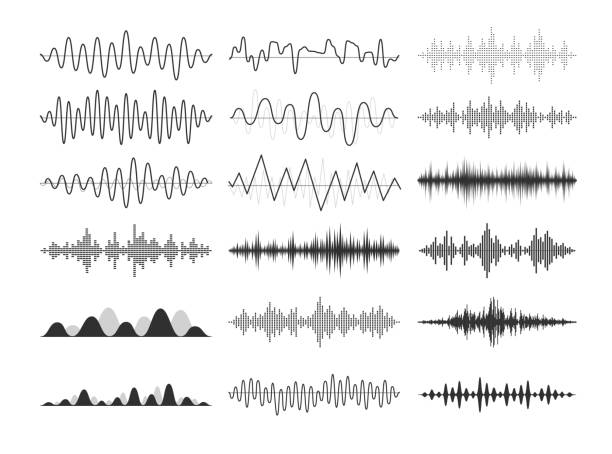 ilustraciones, imágenes clip art, dibujos animados e iconos de stock de ondas sonoras musicales negras. frecuencias de audio, impulsos musicales, señales de radio electrónicas, curvas de ondas de radio. - frequency