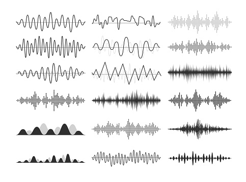Black musical sound waves. Audio frequencies, musical impulses, electronic radio signals, radio wave curves.