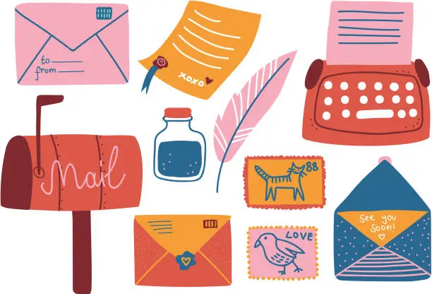Vector illustration of Post Supplies Set, Mailbox, Letters, Postcard, Pen, Inkwell, Typewriter Vector Illustration