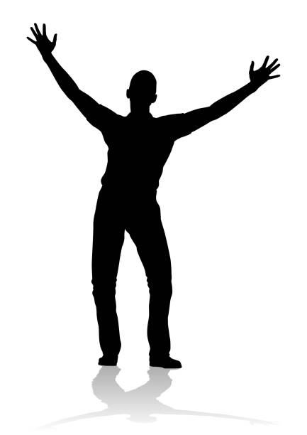 Man Arms Raised Person Silhouette A silhouette man with arms raised in praise or triumph praise and worship stock illustrations