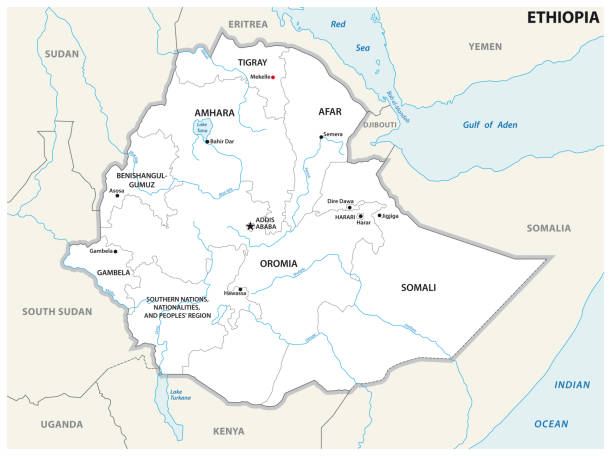 illustrazioni stock, clip art, cartoni animati e icone di tendenza di carta amministrativa e politica dell'etiopia - republic of the sudan