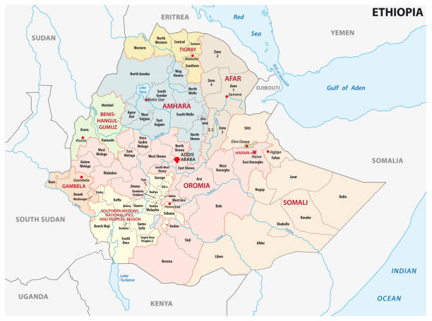 illustrazioni stock, clip art, cartoni animati e icone di tendenza di mappa amministrativa e politica dell'etiopia - republic of the sudan