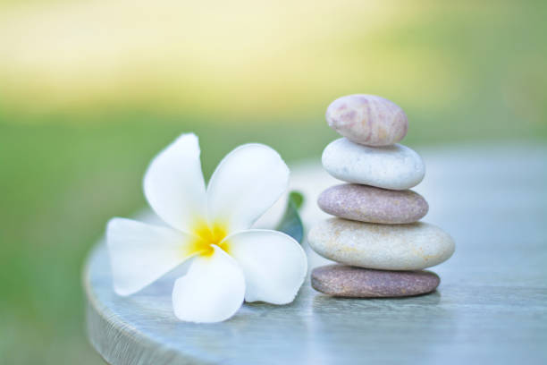 istock Zen stones put on gray table with plumeria. 1151772917