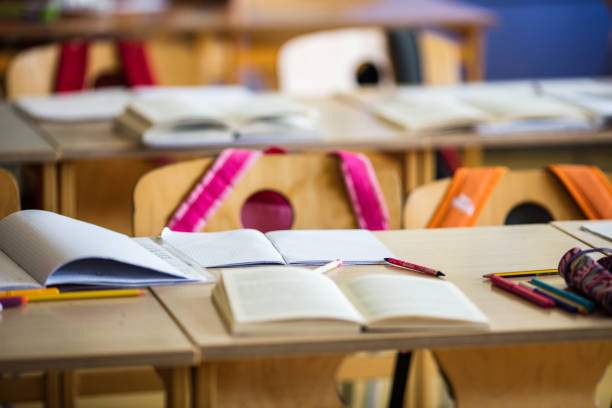 School supplies on the desk without students in the classroom.