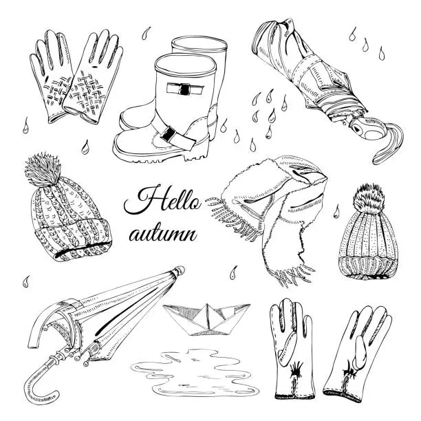 Vector illustration of Set with hand drawn of items of autumn clothes, drops, puddle and paper boat. Monochrome  ink sketch elements  isolated on white background.