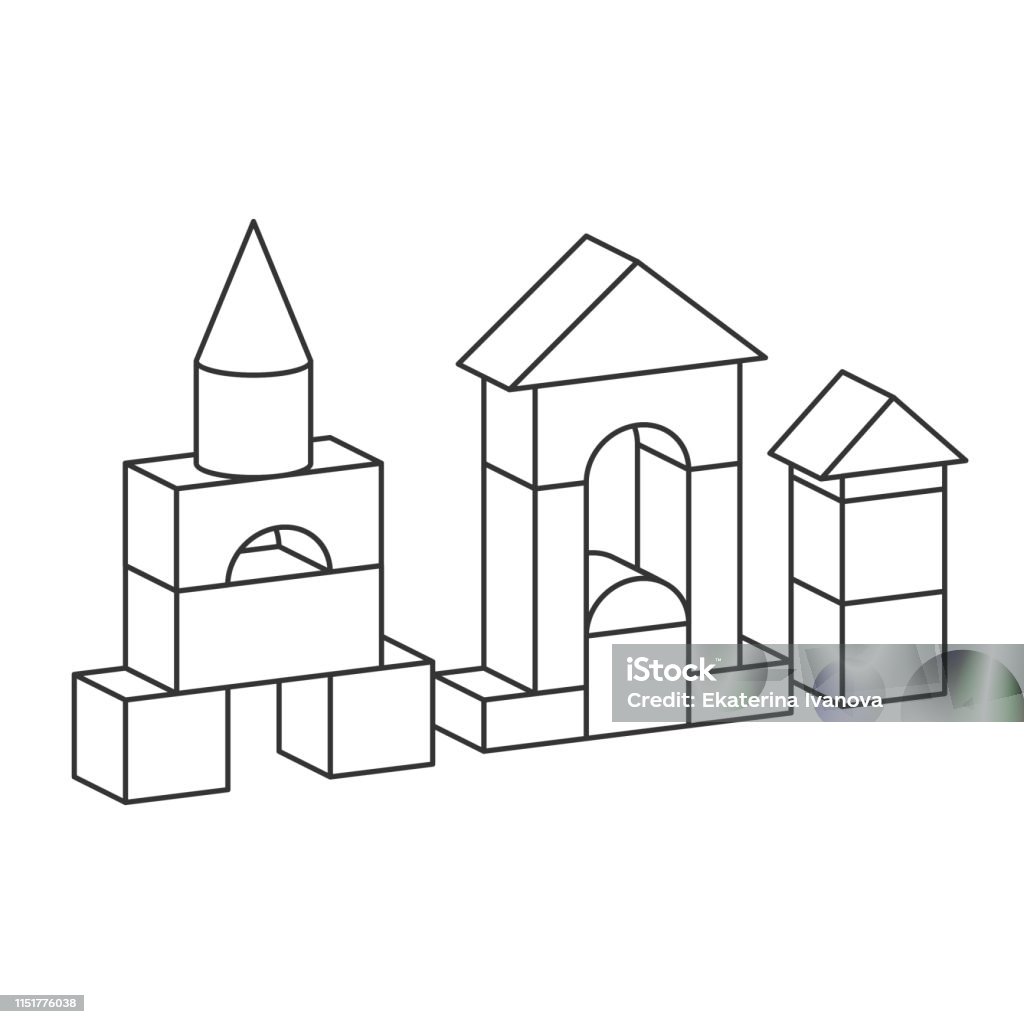 Line style toy building tower illustration for coloring book Line style blocks toy tower for coloring book. Bricks childrens building construction, castle, house. Vector volume style illustration isolated on white background Toy Block stock vector