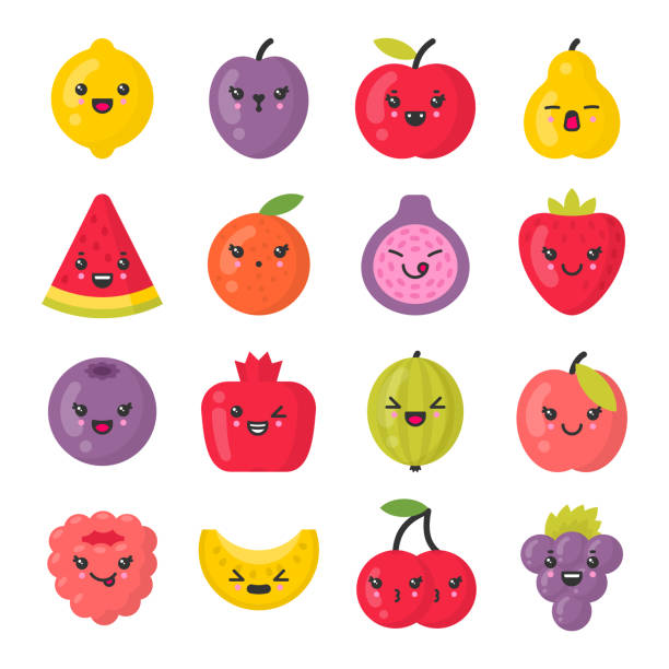 illustrazioni stock, clip art, cartoni animati e icone di tendenza di simpatici frutti sorridenti, set di icone vettoriali colorate isolate - raspberry gooseberry strawberry cherry