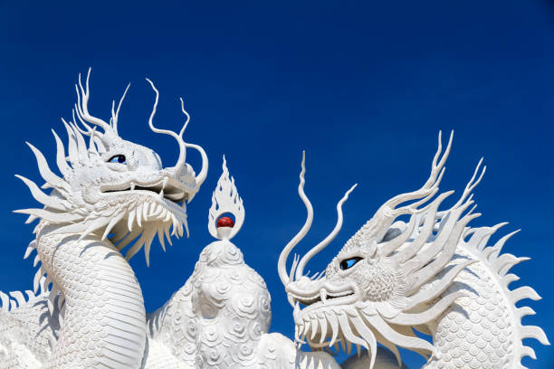 Chinese White Dragon On Blue Background Stock Photo - Download