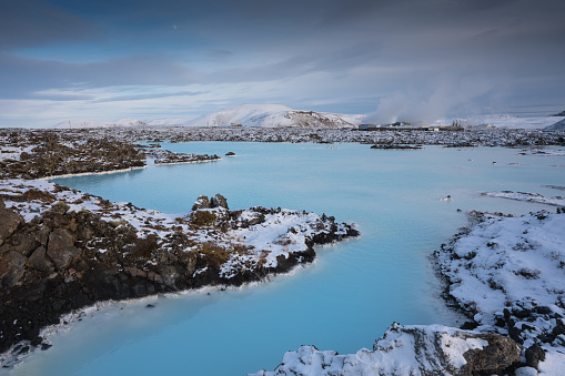 Panoramic view over the Blue Lagoon close to Grindavik, wintertime in Iceland, Europe