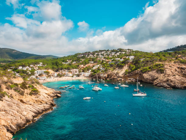 vista aérea de los acantilados y de la playa de cala vadella, ibiza, españa - isla de ibiza fotografías e imágenes de stock