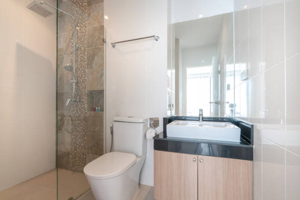 interior real bathroom features basin, toilet bowl stock photo
