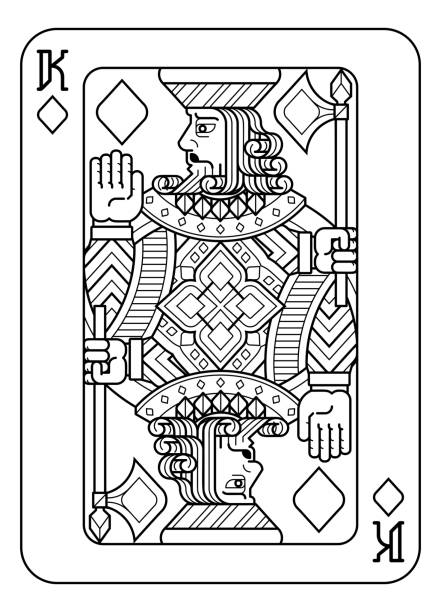 Playing Card King of Diamonds Black and White A playing card king of Diamonds in black and white from a new modern original complete full deck design. Standard poker size. King Size stock illustrations