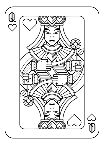 A playing card Queen of hearts in black and white from a new modern original complete full deck design. Standard poker size.