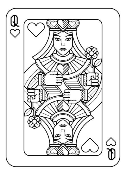 Playing Card Queen of Hearts Black and White A playing card Queen of hearts in black and white from a new modern original complete full deck design. Standard poker size. hearts playing card illustrations stock illustrations