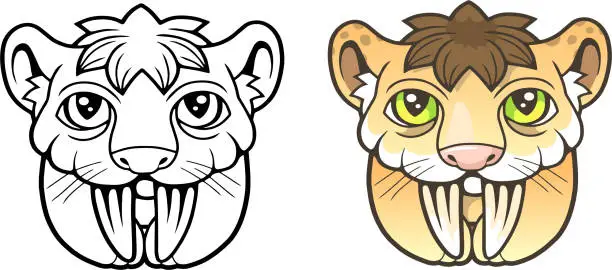 Vector illustration of cute Saber toothed tiger, funny picture, coloring book