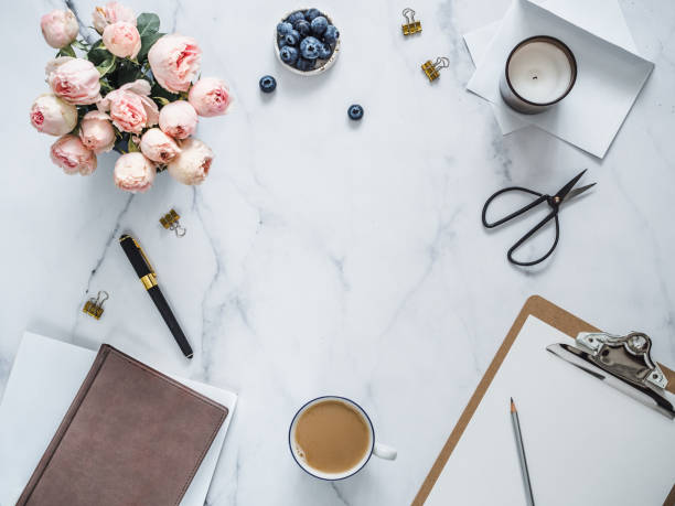 istock Flat lay, feminine home office. Copy space 1151786266
