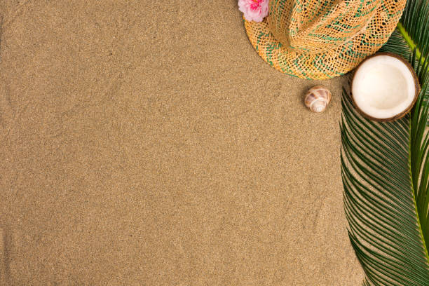 istock Space for text, beach theme on the sand background. Hat, coconut  on  the sand background. Top view. 1151787016