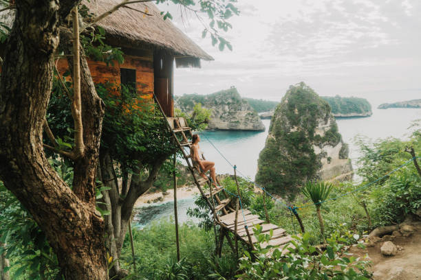 Scenic view of woman near the  tree house near the sea on Nusa Penida Scenic view of young Caucasian woman near the  tree house near the sea on Nusa Penida hut photos stock pictures, royalty-free photos & images