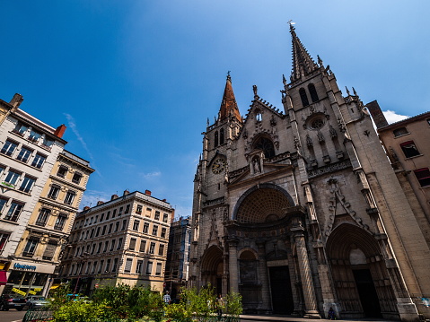 Lyon, France - July 19 2013: Saint-Nizier Church in old town street. This church is located on the riverside.