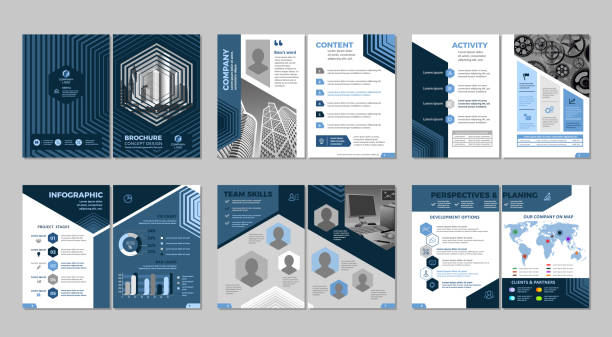 Brochure creative design Multipurpose template, include cover, back and inside pages. Trendy minimalist flat geometric design. Vertical a4 format infographic templates stock illustrations