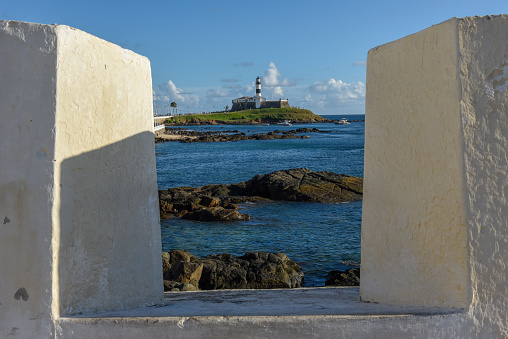 Salvador, Brazil - 1 february 2019: View from Fort of Santa Maria to Barra lighthouse in Salvador Bahia on Brazil