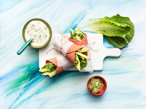 Vegetarian meal fro above on blue background