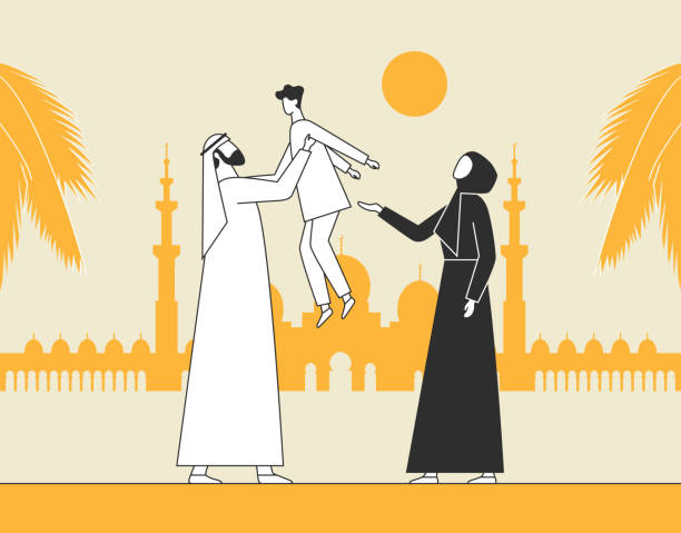 illustrazioni stock, clip art, cartoni animati e icone di tendenza di famiglia araba tradizionale, moschea musulmana. uomo che tiene in braccio un bambino, genitori con figlio. illustrazione vettoriale piatta. - islam women men arabia