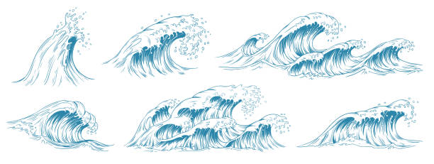 illustrations, cliparts, dessins animés et icônes de croquis de vagues de la mer. vague de tempête, marée vintage et océan plage tempêtes à la main dessiné vecteur illustration ensemble - sea water surf tide