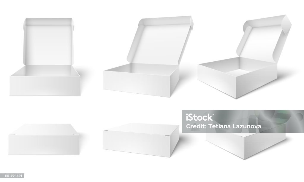 Aprire la scatola di imballaggio. Scatole di pacchetti vuoti, pacchetti bianchi aperti e chiusi mockup set di illustrazioni vettoriali 3d - arte vettoriale royalty-free di Scatola