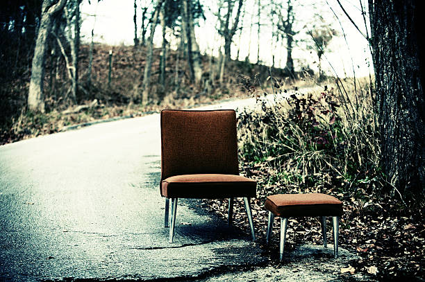 rust colored retro 60s chair and ottoman on curved paved rural road (focus on chair - less tree visible)
