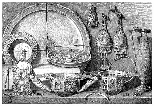 Illustration o f The Pietroasele Treasure, or the Petrossa Treasure, found in Pietroasele, Buzau, Romania, so-called treasure of Athanarich