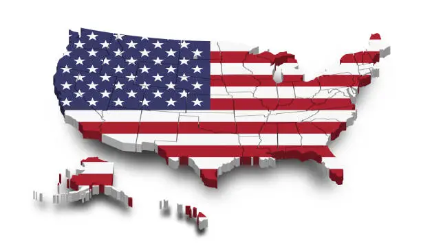 Vector illustration of United states of america map and flag . 3D shape design . Independence day of USA concept . Perspective view . Vector