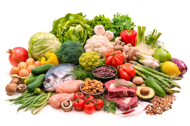 selección de varios productos de dieta paleo para una nutrición sana - dieta paleolítica fotografías e imágenes de stock