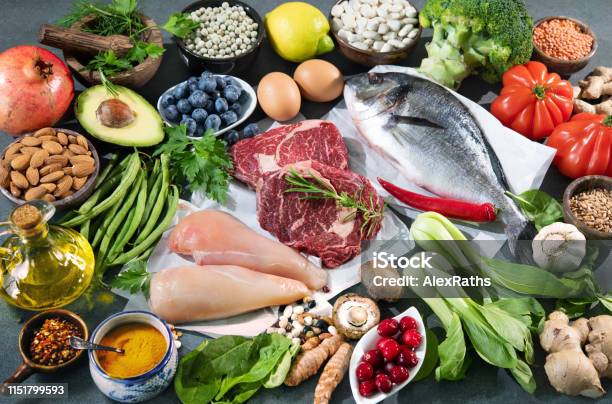 Dieta Equilibrata Sfondo Alimentare - Fotografie stock e altre immagini di Cibo - Cibo, Carne, Alimentazione sana