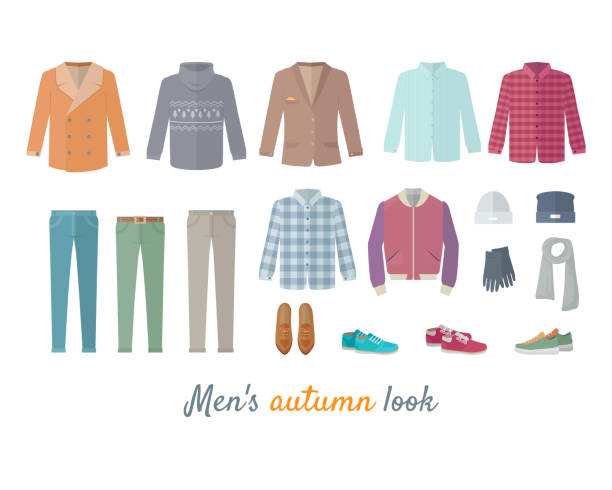 ilustrações de stock, clip art, desenhos animados e ícones de mens autumn look apparel set. clothing. outerwear. - hot couture