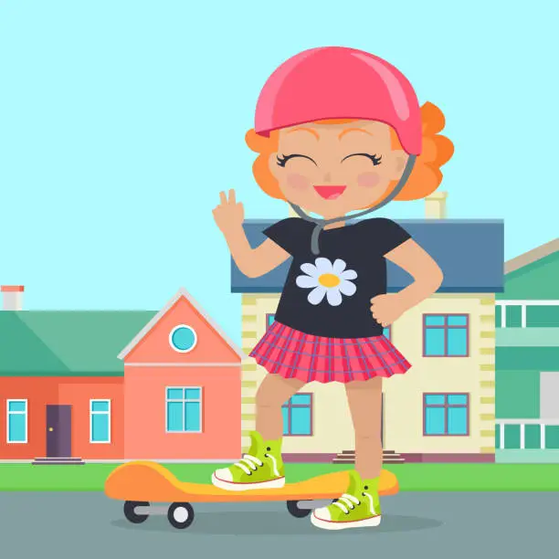 Vector illustration of Young Girl in Helmet Sateboard in Park. Vector