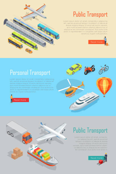 ilustrações de stock, clip art, desenhos animados e ícones de public and personal transport vector banners set - vector isometric airplane bus