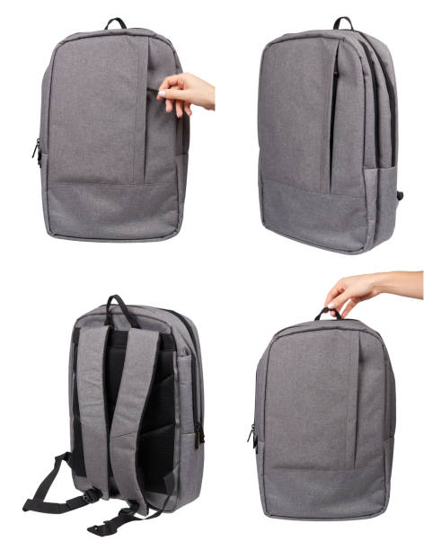 istock Hand with textile backpack, school, work and travel supply, set and collection 1151801740
