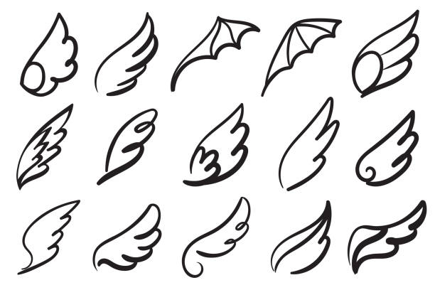 Hand drawn angel wings. Sketch feather bird line wing tattoo, angels winged emblem, freedom vector elements Hand drawn angel wings. Sketch feather bird line wing tattoo, angels winged emblem, heavenly freedom vector elements angel halo and wings stock illustrations