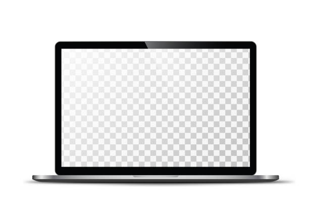 투명 한 빈 화면으로 사실적으로 보이는 검은색 노트북 앞의 모의 광고. - open plan stock illustrations