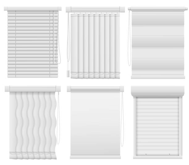 Window blinds. Horizontal, vertical closed and open jalousie. Darkening blind curtains, office room interior elements vector mockups Window blinds. Horizontal, vertical closed and open jalousie. Darkening blind curtains, office room interior elements vector louvers mockups Blinds stock illustrations