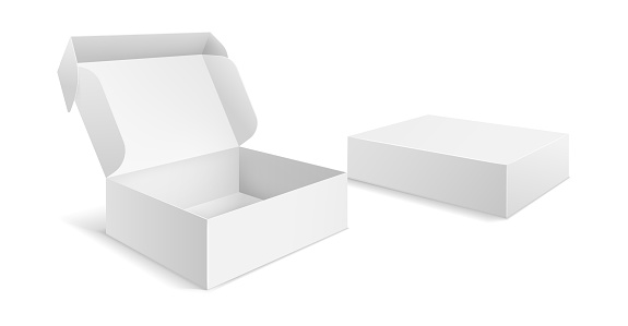 Realistic packaging boxes. Paper blank white box, carton empty mockup open closed rectangle package template vector isolated