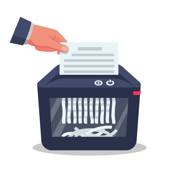 Document in hand for destruction Document in hand for destruction. Shredder machine. Paper shredder. Cartoon style. Vector illustration flat design. Isolated on background. Information protection. paper shredder stock illustrations