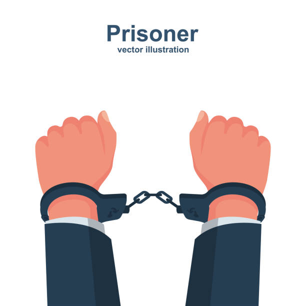 Hands in handcuffs. Human in jail Hands in handcuffs. Human in jail. Prisoner concept. Vector illustration flat design. Cartoon style. Arrest of a person. Isolated on white background. Criminal behind bars. white collar crime handcuffs stock illustrations