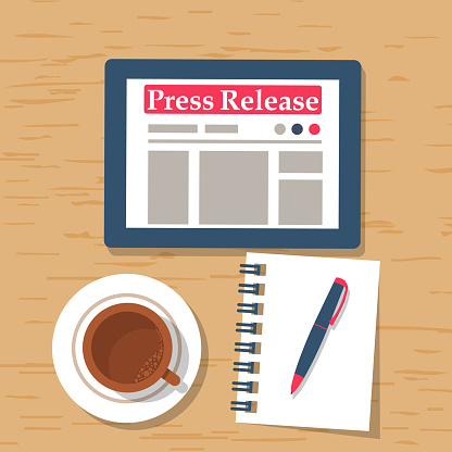 Press release concept. Tablet computer with news in on a wooden table. Cup of coffee and a notebook. Vector illustration flat design. Place for announcement and advertising. Newspaper with news.
