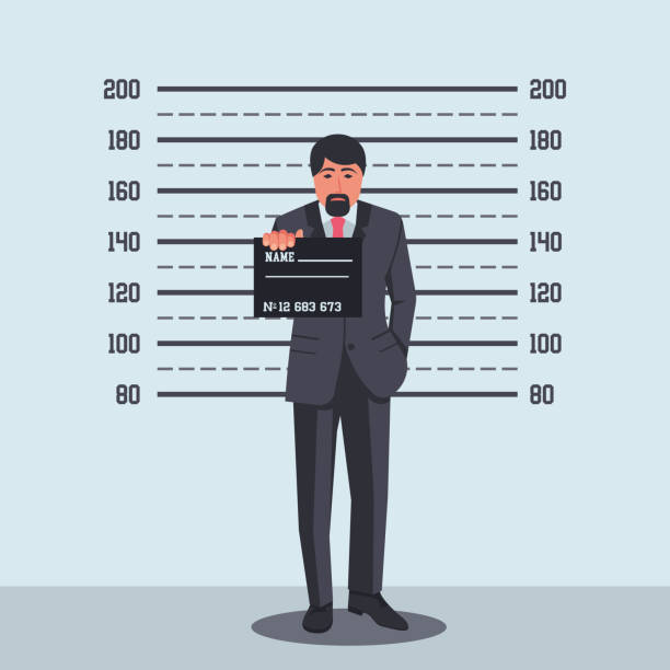 Portrait of criminal. Arrested photo Portrait of criminal. Arrested photo. Guilty businessman in police station, sign in hand on criminal photo. Accused of political illegal activities. Vector illustration design. Corruption and bribery. lineup stock illustrations