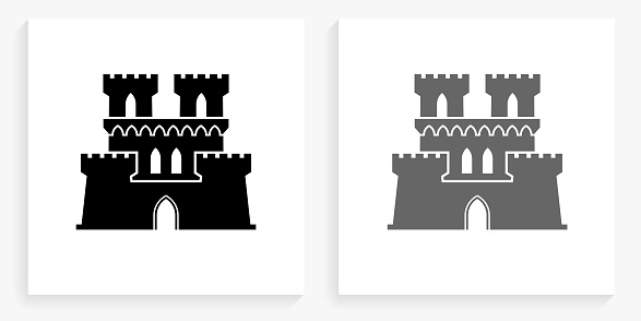 Castle Black and White Square Icon. This 100% royalty free vector illustration is featuring the square button with a drop shadow and the main icon is depicted in black and in grey for a roll-over effect.