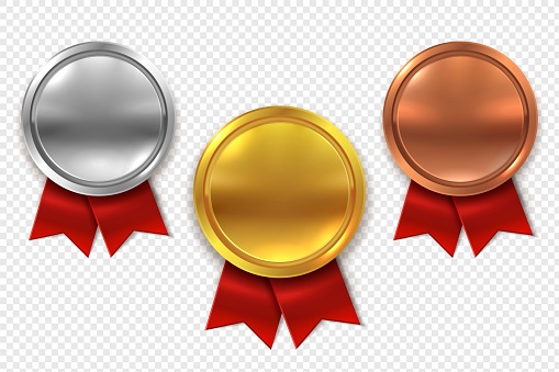 Empty medals. Blank round gold silver and bronze metal medal with red ribbons isolated vector set